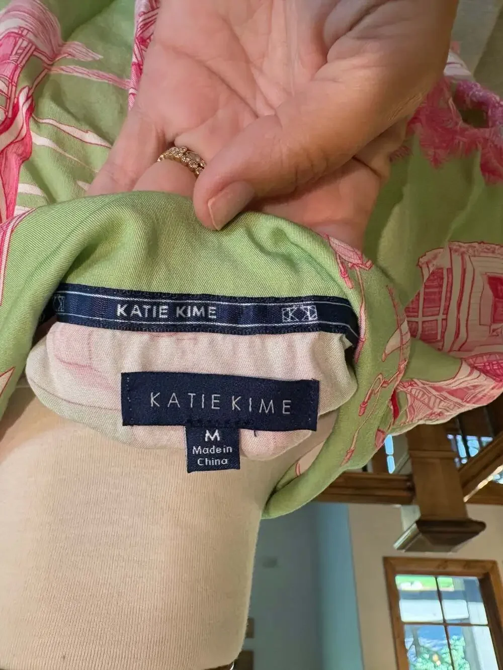 Katie Kime Florida Toile Button Down Sleep Shirt in Green and Pink M